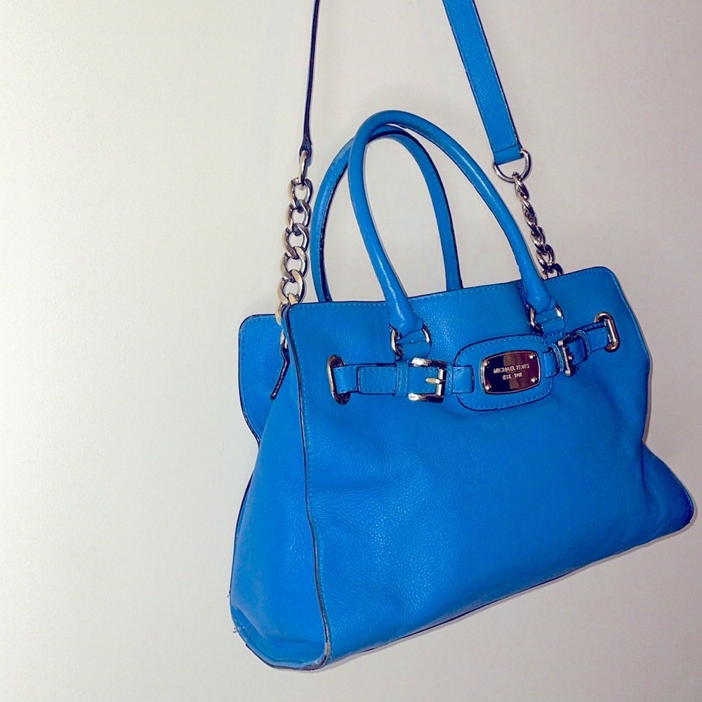 Michael Kors Hamilton Large East West Teal Gold Hardware Leather Purse Tote - Picture 9 of 13